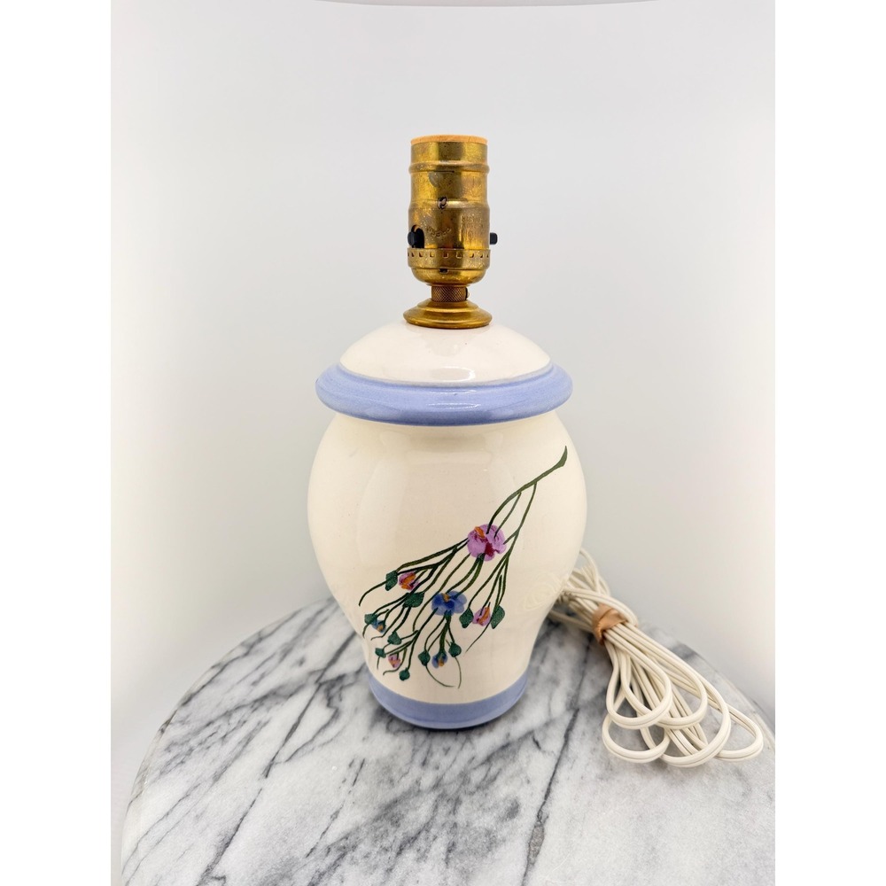 Vintage Ceramic Floral Table Lamp Hand Painted Blue Trim Ginger Jar Cottagecore
